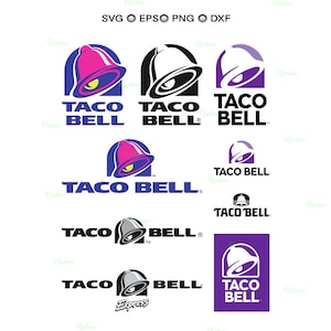 以下が含まれることがあります： さまざまなデザインのタコベルのロゴのコレクション。ロゴは、下に「TACO BELL」という言葉が入ったベルの形をしています。ロゴは、ピンク、黒、紫など、さまざまな配色です。