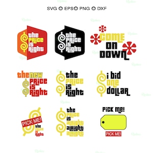 May include: A collection of vector graphics featuring the phrase "The Price is Right" in various designs. The designs include the show's logo, the phrase "Come on Down," and "I bid one dollar." The color palette includes red, yellow, black, and white.