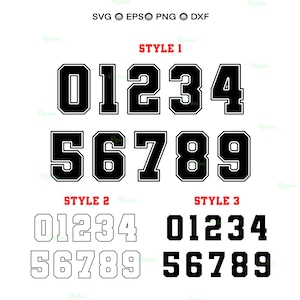 May include: A digital graphic showing three styles of numbers from 0 to 9. Style 1 has black numbers with a white outline. Style 2 has white numbers with a black outline. Style 3 has black numbers.