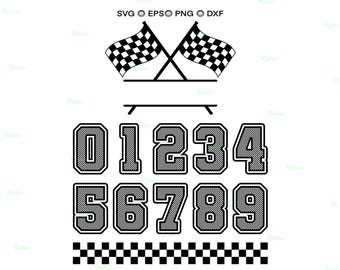 May include: Black and white checkered racing flags and numbers 0-9 in a collegiate font. The image also includes a checkered border and file type indicators: SVG, EPS, PNG, and DXF.