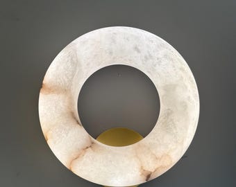Luxury Round Alabaster Sconce, Modern Circular Natural Stone Wall Lamp, Minimalist Donut Sconce for Bedroom & Hallway, Organic Modern Decor