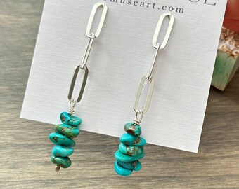 Paperclip Chain Turquoise Bead Earrings in Post Stud Style