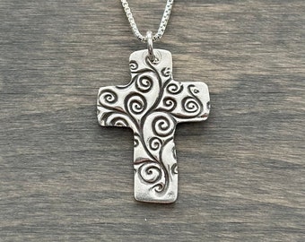 Swirly Cross Necklace in Fine Silver