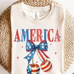 Camiseta con lazo de cereza de Estados Unidos, camiseta con fruta patriótica, camiseta del 4 de julio, camiseta roja, blanca y azul, camiseta con orgullo estadounidense, camiseta con estampado del Día de la Independencia