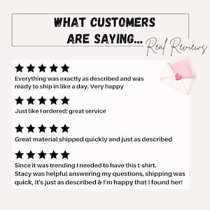 Puede incluir: Imagen de rese&ntilde;as de clientes con calificaciones de cinco estrellas. El texto dice "LO QUE DICEN LOS CLIENTES... Rese&ntilde;as reales". Las rese&ntilde;as mencionan art&iacute;culos como se describen, excelente servicio y env&iacute;o r&aacute;pido. Tambi&eacute;n hay un gr&aacute;fico de sobre.