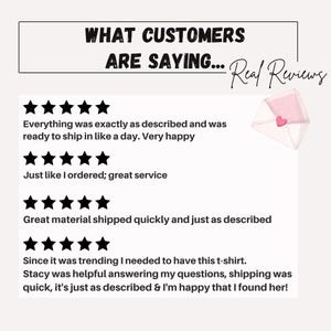 May include: Image displaying customer reviews with star ratings and text. The headline reads "WHAT CUSTOMERS ARE SAYING... Real Reviews." An envelope with a heart is in the upper right corner.