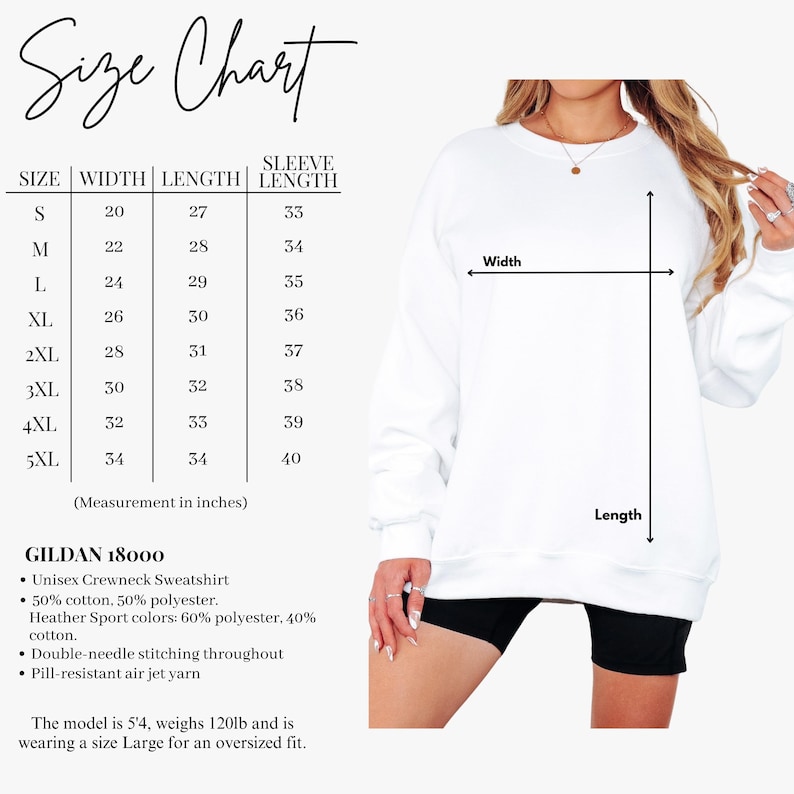 May include: A white crewneck sweatshirt with a size chart. The chart lists sizes S to 5XL, with measurements in inches for width, length, and sleeve length. The sweatshirt is made of 50% cotton and 50% polyester.