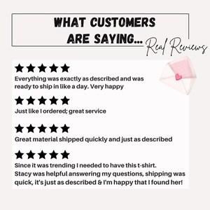 May include: Image featuring customer reviews with star ratings and text. The headline reads "WHAT CUSTOMERS ARE SAYING... Real Reviews." An envelope with a heart is in the upper right corner.