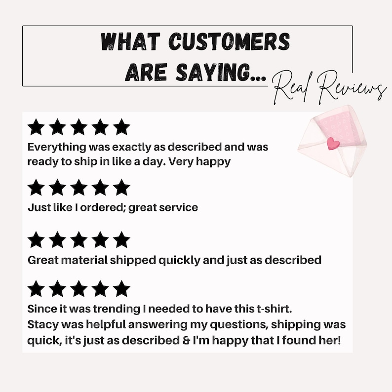 May include: Image featuring customer reviews with star ratings and text. The headline reads "WHAT CUSTOMERS ARE SAYING... Real Reviews." An envelope with a heart is in the upper right corner.