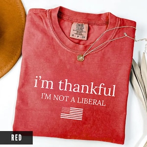 May include: A red Comfort Colors t-shirt with the text "I'm thankful, I'm not a liberal" and an American flag graphic. A gold pendant necklace and a brown hat are also visible.