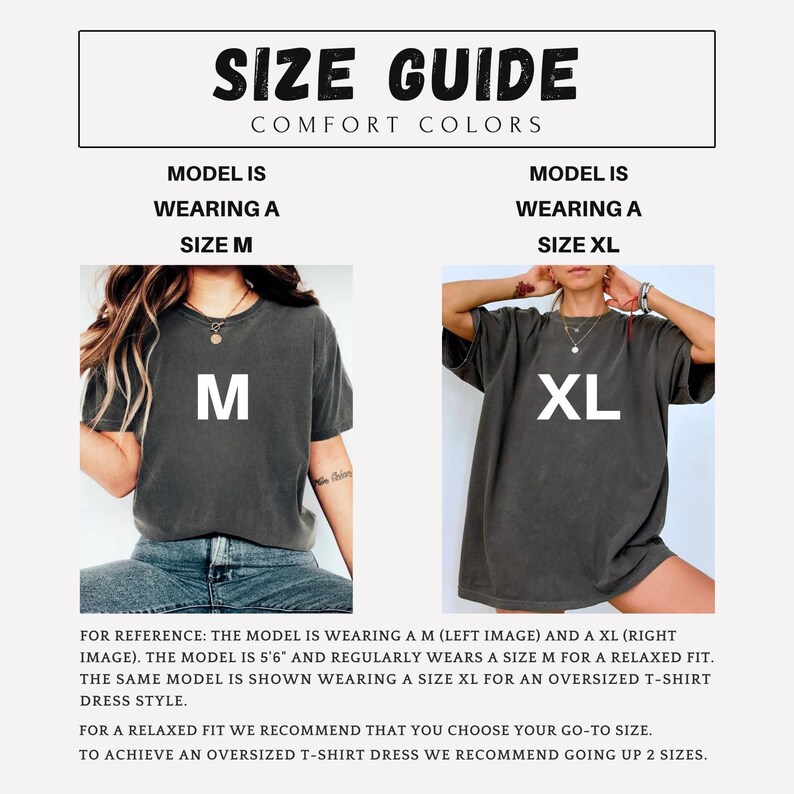 K&ouml;nnte beinhalten: Eine Gr&ouml;&szlig;entabelle f&uuml;r Comfort Colors T-Shirts mit zwei Bildern. Das linke Bild zeigt ein anthrazitfarbenes T-Shirt in Gr&ouml;&szlig;e M, das rechte Bild zeigt dasselbe T-Shirt in Gr&ouml;&szlig;e XL. Der Text umfasst SIZE GUIDE, COMFORT COLORS, MODEL IS WEARING A SIZE M und XL.