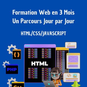 May include: A 3D rendering of a web development course advertisement. The image features a cartoon person working on a laptop, surrounded by code symbols and the text "Formation Web en 3 Mois Un Parcours Jour par Jour HTML/CSS/JAVASCRIPT".
