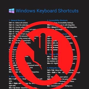 Peut inclure: Graphique noir avec du texte blanc détaillant les raccourcis clavier Windows. Un cercle rouge avec un symbole de main et le texte "ACHAT REQUIS POUR UN ACCÈS COMPLET" recouvre l'image.