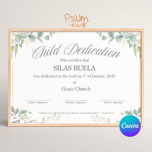 Certificado de dedicación de bebé editable con vegetación, plantilla de dedicación de niño, certificado de iglesia, certificado de bautizo