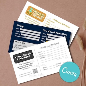 May include: A stack of church offering and giving forms. The forms include sections for tithes, offerings, and personal information. The forms have the text "Growth Church" and "Your Church Name Here". A teal circle with the word "Canva" is in the bottom right.