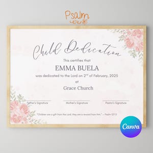 Certificado de Dedicación de Bebé, Certificado de Bebé Editable, Certificado de Bautizo, Plantilla de Canva, Descarga Digital, Dedicación de Niñas