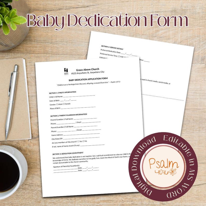 Church Baby Dedication Form Template: Editable Christian Ceremony (MS ...