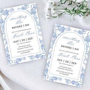 Editable Bridal Shower Invitation Something Blue Before I Do Wedding Party | Blue Toile de Juoy Flower | Arch Vintage Blue Botanical Bride