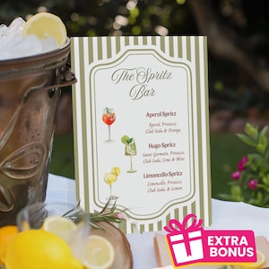 Klassische Hochzeitsbar-Menü-Vorlage, Aperol Hugo Limoncello, Hochzeitsdusche Spritz Bar-Schild, Elegantes Getränke-Schild, bearbeitbares druckbares Vintage