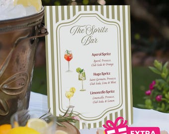 May include: A menu for "The Spritz Bar" with a decorative frame and vertical stripes. It lists Aperol, Hugo, and Limoncello Spritz cocktails with their ingredients. A gift box with the text "EXTRA BONUS" is in the lower right.
