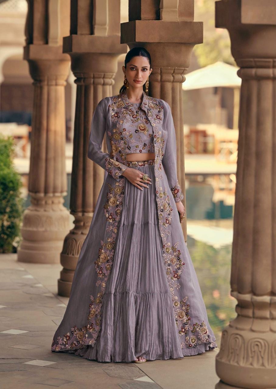 Designer Chinnon Silk Party Wear Lehenga Choli with full Length Jacket