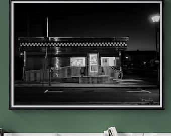Vintage Diner Night Fine Art Print, Black White Americana Street Photography Wall Art