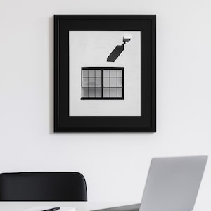 Minimalist Black and White Architecture Print, Modern Industrial Wall Art, Geometric Shadow Photography, Monochrome Window Print