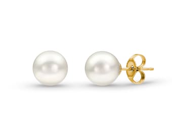 AAA Quality Japanese Akoya Cultured Pearl Yellow Gold Simple Studs