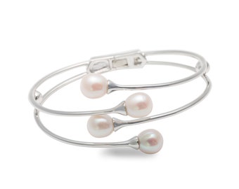 Multi-Row Sterling Silver Pearl Bangle Bracelet with Oval shaped Freshwater Cultured Pearls