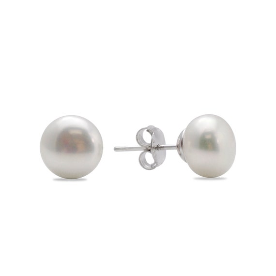 Sterling Silver Pearl Stud Earrings with Button shaped Freshwater Cultured  Pearls