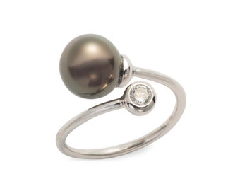 Sterling Silver Tahitian Pearl White Sapphire Bypass Ring