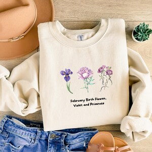 February Birth Flower Sweatshirt, Violet and Primrose Design, Birthday Gift, Floral Sweater, Birthflower, Birth Month Flower, Birthflower