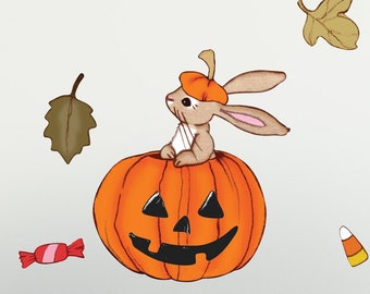 Boo's Halloween Wall Stickers Decals, PVC free Fabric, Bunny and Pumpkins Halloween