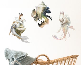 Magical Bunny Mermaid and Seashells Wall Decals, Fabric Wall Stickers ( Not Vinyl, PVC free ) - A4