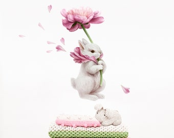 Flower Bunny Wall Decals Stickers, PVC Free Reusable  Fabric