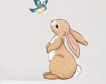 Boo and The Blue Bird Wall Decal, Bunny and Bird Wall Sticker by Belle&Boo (Not Vinyl, PVC free) -A4-