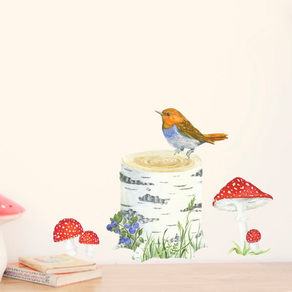 Birch 'Trunk, Bird & Toadstools' Wall Decals Wall Stickers (Not Vinyl, PVC free) - A4