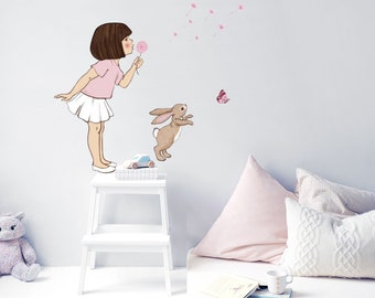 Dandelion Wall Decals, Flowers Girl Bunny Wall Stickers by Belle&Boo (Not Vinyl, PVC free)