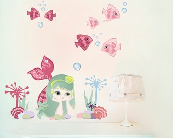 Mermaid Wall Decals, Kids Wall Stickers ( not vinyl, PVC free) - Small