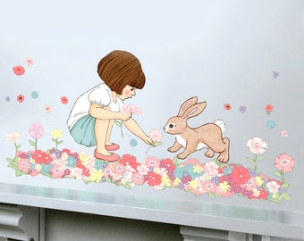 Belle's Meadow Wall Decals, Flowers Girl Bunny Wall Stickers by Belle&Boo (Not Vinyl, PVC free)