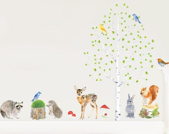 Woodland Animals and Tree Wall Stickers Decals, PVC free Fabric