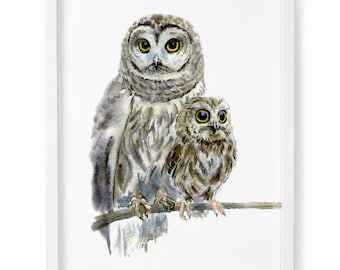 Watercolor Owls Print, Birds Giclee Print