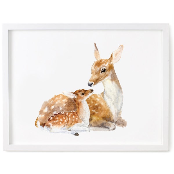 Impression d'aquarelle de famille de cerfs