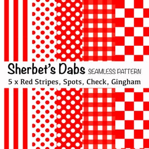 5 x Red White Polka Dots Stripe Gingham Check Digital Seamless Pattern Background 300 DPI PNG 12x12 Digital Papers Vinyl Fabric Design