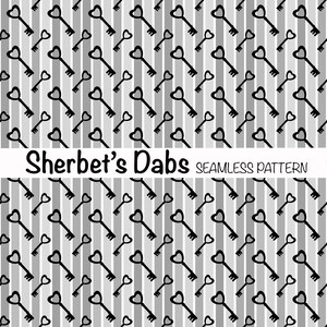 May include: A seamless pattern featuring black keys with heart-shaped holes on a gray and white striped background. The text "Sherbet's Dabs Seamless Pattern" is at the top of the image.