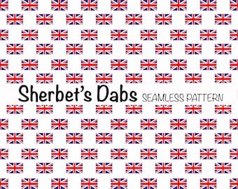 May include: A seamless pattern featuring a repeating design of the Union Jack flag in red, white, and blue. The pattern is on a white background.