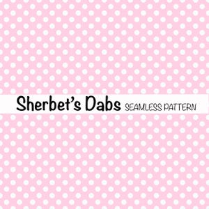 May include: A seamless pattern featuring white polka dots on a light pink background. The text "Sherbet's Dabs Seamless Pattern" is displayed at the top of the image.