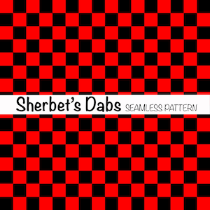 Puede incluir: Un patrón sin costuras de cuadrados rojos y negros alternados. El texto "Sherbet's Dabs Seamless Pattern" está en la parte superior de la imagen.