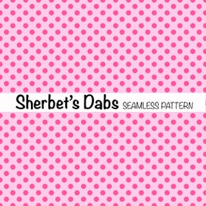 May include: A seamless pattern featuring pink polka dots on a light pink background. The text "Sherbet's Dabs Seamless Pattern" is at the top of the image.