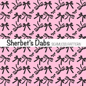 Könnte beinhalten: Ein nahtloses Muster mit schwarzen Schleifen auf rosa Hintergrund. Der Text "Sherbet's Dabs" ist oben in der Mitte des Bildes.